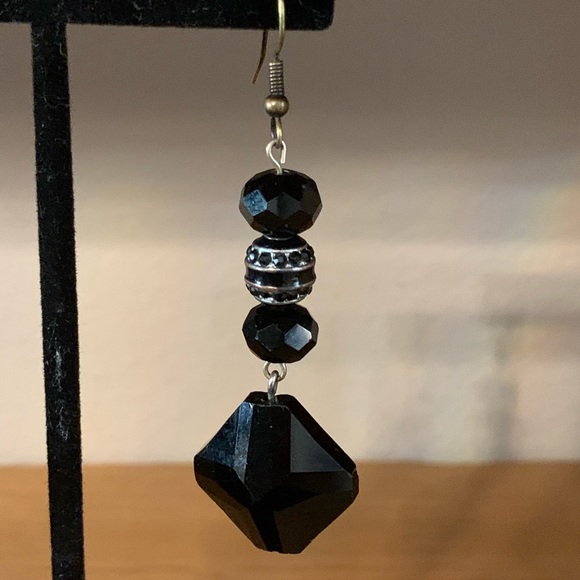 Black and Silver Glass Bead Earrings - Picture 2 of 4
